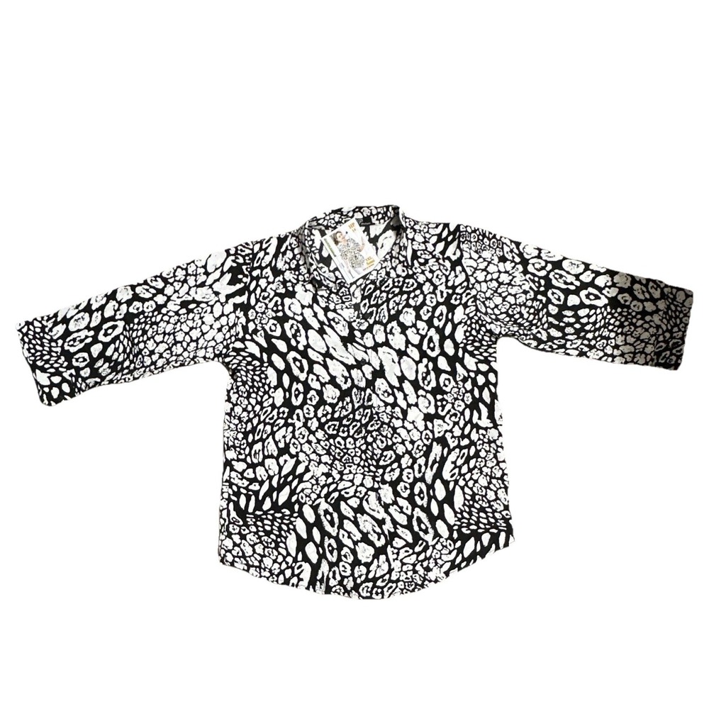 Women's Black/White Animal Print Collared 3/4 Sleeve Blouse S